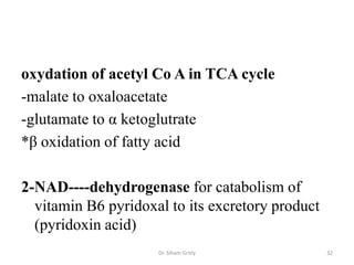 oxydation of acetyl Co A in TCA cycle
-malate to oxaloacetate
-glutamate to α ketoglutrate
*β oxidation of fatty acid

2-NAD----dehydrogenase for catabolism of
  vitamin B6 pyridoxal to its excretory product
  (pyridoxin acid)
                     Dr. Siham Gritly             32
 