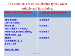 The vitamins are of two distinct types, water
            soluble and fat soluble.
Water Soluble Vitamins                        Fat Soluble Vitamins

Thiamin (B1)                        Vitamin A
Riboflavin (B2)
Niacin (B3)                         Vitamin D
Pantothenic Acid (B5)
Pyridoxal, Pyridoxamine,            Vitamin E
Pyridoxine (B6)
Biotin                              Vitamin K
Cobalamin (B12)
Folic Acid

Ascorbic Acid
                           Dr. Siham Gritly                          8
 