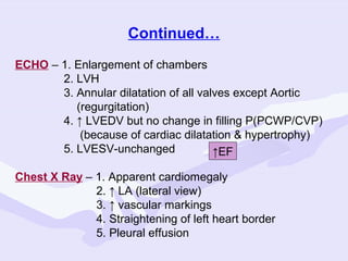 Continued…
ECHO – 1. Enlargement of chambers
2. LVH
3. Annular dilatation of all valves except Aortic
(regurgitation)
4. ↑ LVEDV but no change in filling P(PCWP/CVP)
(because of cardiac dilatation & hypertrophy)
5. LVESV-unchanged
↑EF
Chest X Ray – 1. Apparent cardiomegaly
2. ↑ LA (lateral view)
3. ↑ vascular markings
4. Straightening of left heart border
5. Pleural effusion

 