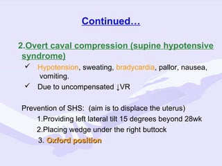 Continued…
2.Overt caval compression (supine hypotensive
syndrome)
 Hypotension, sweating, bradycardia, pallor, nausea,
vomiting.
 Due to uncompensated ↓VR
Prevention of SHS: (aim is to displace the uterus)
1.Providing left lateral tilt 15 degrees beyond 28wk
2.Placing wedge under the right buttock
3. Oxford position

 