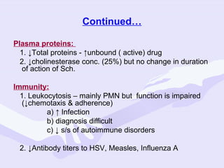 Continued…
Plasma proteins:
1. ↓Total proteins - ↑unbound ( active) drug
2. ↓cholinesterase conc. (25%) but no change in duration
of action of Sch.
Immunity:
1. Leukocytosis – mainly PMN but function is impaired
(↓chemotaxis & adherence)
a) ↑ Infection
b) diagnosis difficult
c) ↓ s/s of autoimmune disorders
2. ↓Antibody titers to HSV, Measles, Influenza A

 