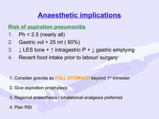 Anaesthetic implications
Risk of aspiration pneumonitis
1. Ph < 2.5 (nearly all)
2. Gastric vol > 25 ml ( 60%)
3. ↓ LES tone + ↑ intragastric P + ↓ gastric emptying
4. Recent food intake prior to labour/ surgery

1. Consider gravida as FULL STOMACH beyond 1st trimester
2. Give aspiration prophylaxis
3. Regional anaesthesia / inhalational analgesia preferred
4. Plan RSI

 