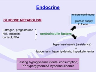 Endocrine
ensure continuous

GLUCOSE METABOLISM
Estrogen, progesterone
Hpl, prolactin,
cortisol, FFA

glucose supply
to foetus

4

contrainsulin factors
hyperinsulinemia (resistance)
lipogenesis, hyperlipidemia, hyperketonemia

Fasting hypoglycemia (foetal consumption)
PP hyperglycemia& hyperinsulinemia

 