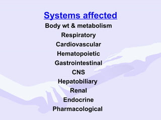 Systems affected
Body wt & metabolism
Respiratory
Cardiovascular
Hematopoietic
Gastrointestinal
CNS
Hepatobiliary
Renal
Endocrine
Pharmacological

 