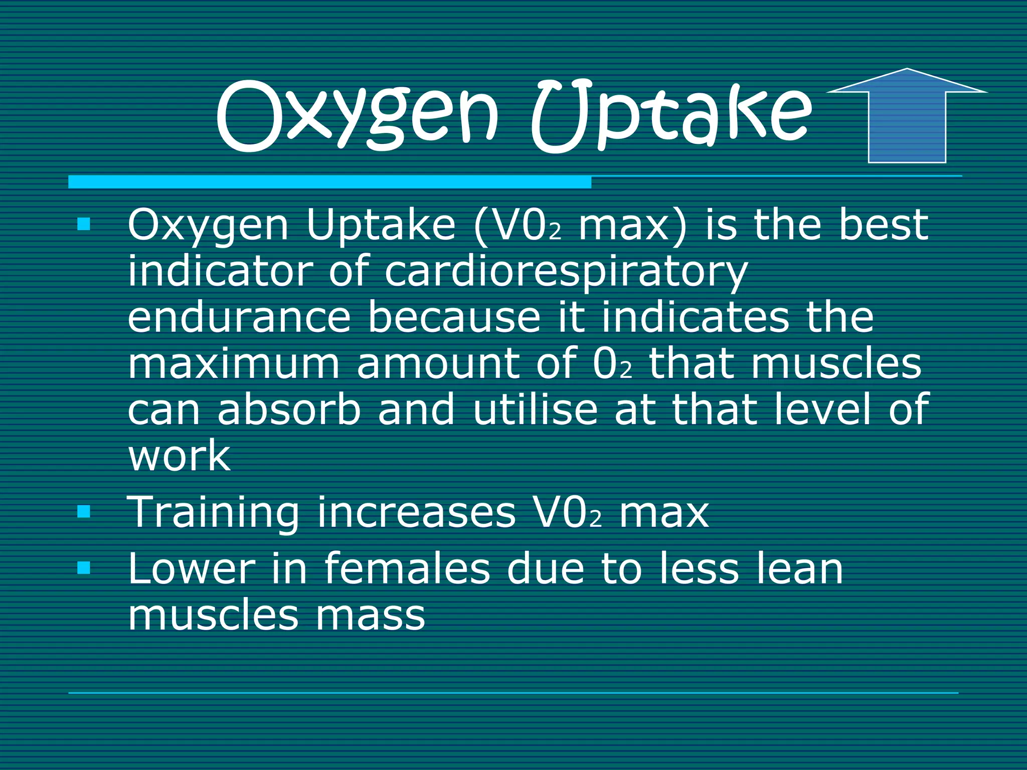 Oxygen Uptake
 Oxygen Uptake (V02 max) is the best
  indicator of cardiorespiratory
  endurance because it indicates the
  maximum amount of 02 that muscles
  can absorb and utilise at that level of
  work
 Training increases V02 max
 Lower in females due to less lean
  muscles mass
 