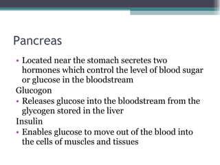 Pancreas Located near the stomach secretes two hormones which control the level of blood sugar or glucose in the bloodstream Glucogon Releases glucose into the bloodstream from the glycogen stored in the liver Insulin Enables glucose to move out of the blood into the cells of muscles and tissues  