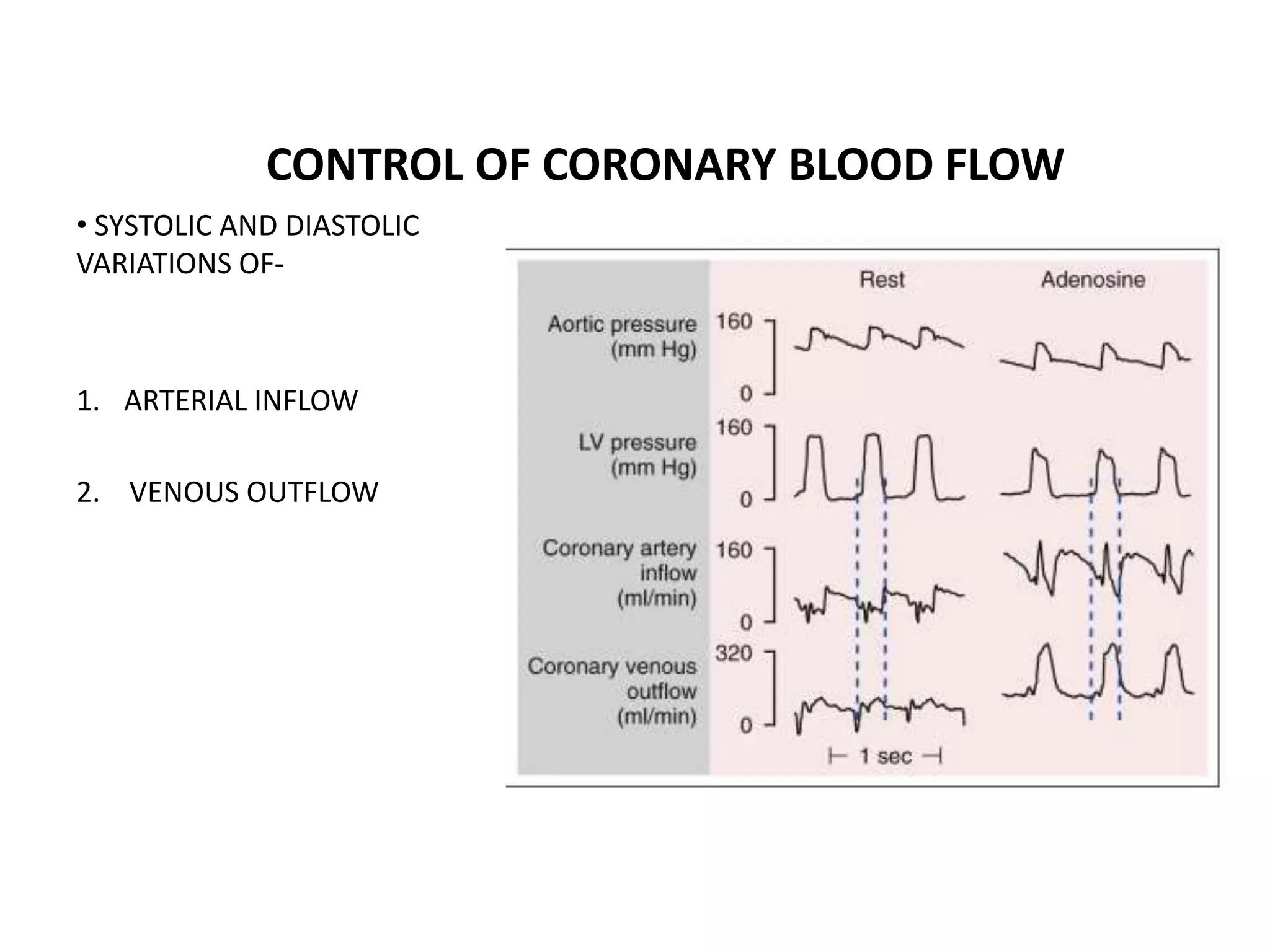 CONTROL OF CORONARY BLOOD FLOW
• SYSTOLIC AND DIASTOLIC
VARIATIONS OF-
1. ARTERIAL INFLOW
2. VENOUS OUTFLOW
 