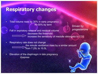 Respiratory changes

•   Tidal volume rises by 30% in early pregnancy
                           40-50% by term
          ...