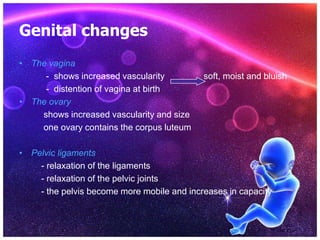 Genital changes
• The vagina
     - shows increased vascularity          soft, moist and bluish
     - distention of vagin...