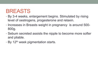 BREASTS
• By 3-4 weeks, enlargement begins. Stimulated by rising
level of oestrogens, progesterone and relaxin.
• Increases in Breasts weight in pregnancy is around 500-
800g.
• Sebum secreted assists the nipple to become more softer
and pliable.
• By 12th week pigmentation starts.
 