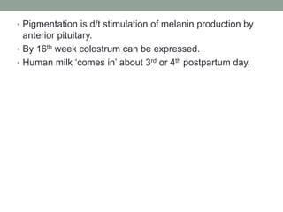 • Pigmentation is d/t stimulation of melanin production by
anterior pituitary.
• By 16th week colostrum can be expressed.
• Human milk ‘comes in’ about 3rd or 4th postpartum day.
 