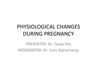 PHYSIOLOGICAL CHANGES
DURING PREGNANCY
PRESENTER: Dr. Tanya Das
MODERATOR: Dr. Junu Bajracharya
 
