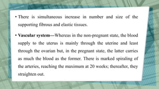 • There is simultaneous increase in number and size of the
supporting fibrous and elastic tissues.
• Vascular system—Whereas in the non-pregnant state, the blood
supply to the uterus is mainly through the uterine and least
through the ovarian but, in the pregnant state, the latter carries
as much the blood as the former. There is marked spiraling of
the arteries, reaching the maximum at 20 weeks; thereafter, they
straighten out.
 