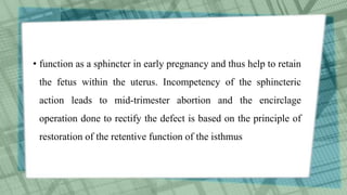 • function as a sphincter in early pregnancy and thus help to retain
the fetus within the uterus. Incompetency of the sphincteric
action leads to mid-trimester abortion and the encirclage
operation done to rectify the defect is based on the principle of
restoration of the retentive function of the isthmus
 