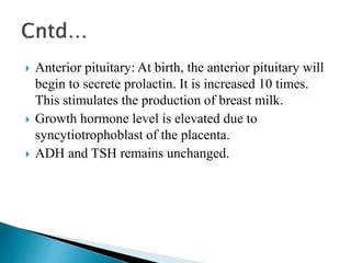  Anterior pituitary: At birth, the anterior pituitary will
begin to secrete prolactin. It is increased 10 times.
This stimulates the production of breast milk.
 Growth hormone level is elevated due to
syncytiotrophoblast of the placenta.
 ADH and TSH remains unchanged.
 
