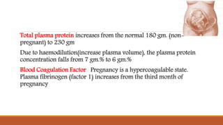 Total plasma protein increases from the normal 180 gm. (non-
pregnant) to 230 gm
Due to haemodilution(increase plasma volume), the plasma protein
concentration falls from 7 gm.% to 6 gm.%
Blood Coagulation Factor Pregnancy is a hypercoagulable state.
Plasma fibrinogen (factor 1) increases from the third month of
pregnancy
 