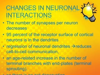 • The number of synapses per neuron
decreases
• 95 percent of the receptor surface of cortical
neurons is in the dendrites
• regression of neuronal dendrites reduces
cell-to-cell communication,
• an age-related increase in the number of
terminal branches with end-plates (terminal
sprouting).
 