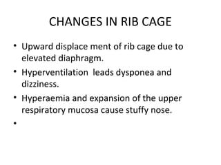 CHANGES IN RIB CAGE
• Upward displace ment of rib cage due to
elevated diaphragm.
• Hyperventilation leads dysponea and
dizziness.
• Hyperaemia and expansion of the upper
respiratory mucosa cause stuffy nose.
•
 