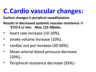 C.Cardio vascular changes:
Earliest changes is periphral vasodilatation
Results in decreased systemic vascular resistence→
↑CO 6 L/ min. Max. (22-28)wks.
• heart rate increase (10-20%).
• stroke volume increase (10%).
• cardiac out put increase (30-50%).
• Mean arterial blood pressure decrease
(10%).-
• Peripheral resistance decrease (35%).-
 