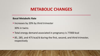 METABOLIC CHANGES
Basal Metabolic Rate
 Increases by 20% by third trimester
30% in twins
 Total energy demand associated in pregnancy is 77000 kcal
 85, 285, and 475 kcal/d during the first, second, and third trimester,
respectively
 