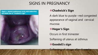 SIGNS IN PREGNANCY
Chadwick’s Sign
A dark blue to purple –red congested
appearance of vaginal and cervical
mucosa
Hegar’s Sign
Occurs in first trimester
Softening of uterus at isthmus
Goodell’s sign
Softening of uterus after 6 weeks
 