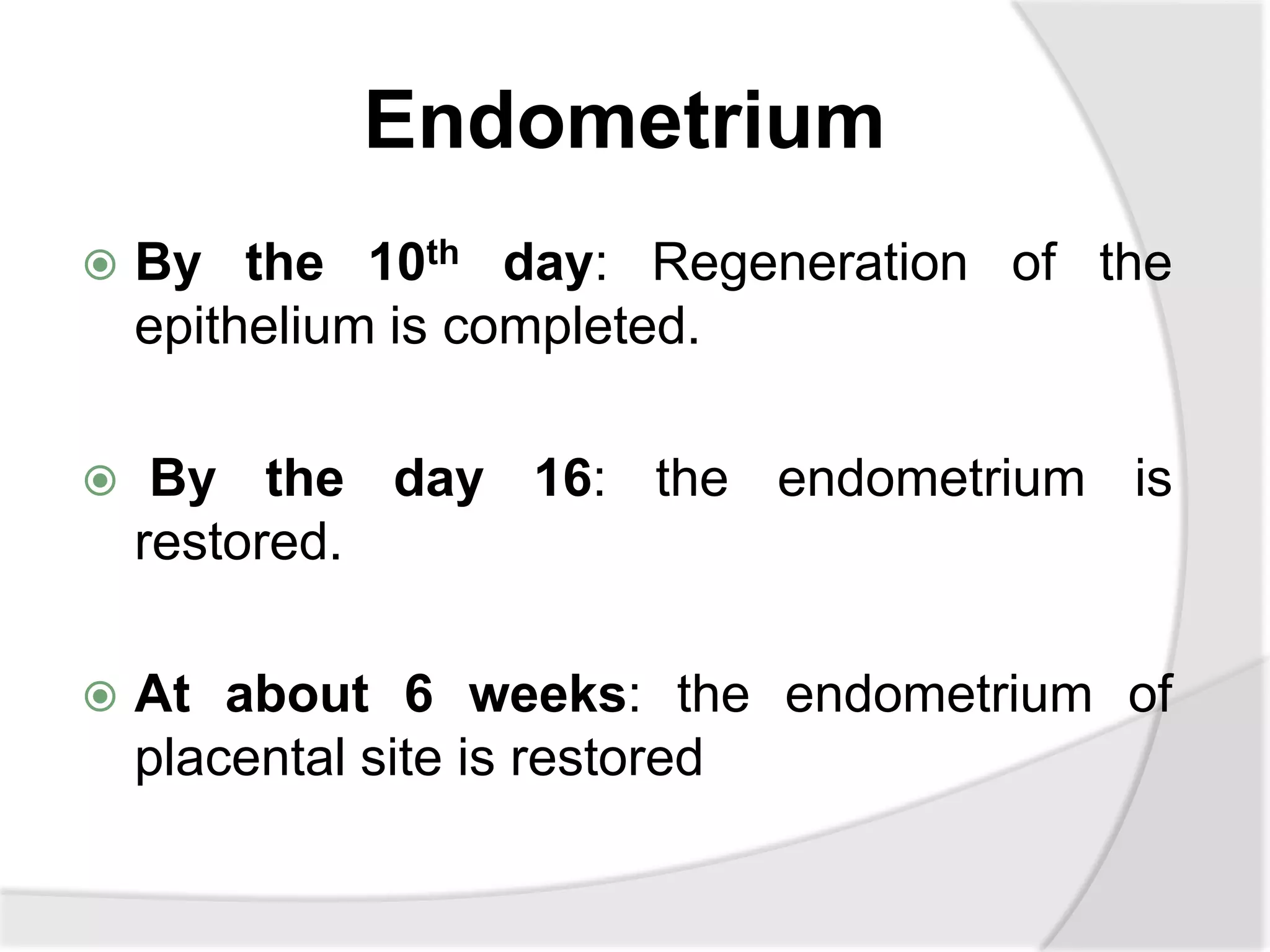 Endometrium
 By the 10th day: Regeneration of the
epithelium is completed.
 By the day 16: the endometrium is
restored.
 At about 6 weeks: the endometrium of
placental site is restored
 