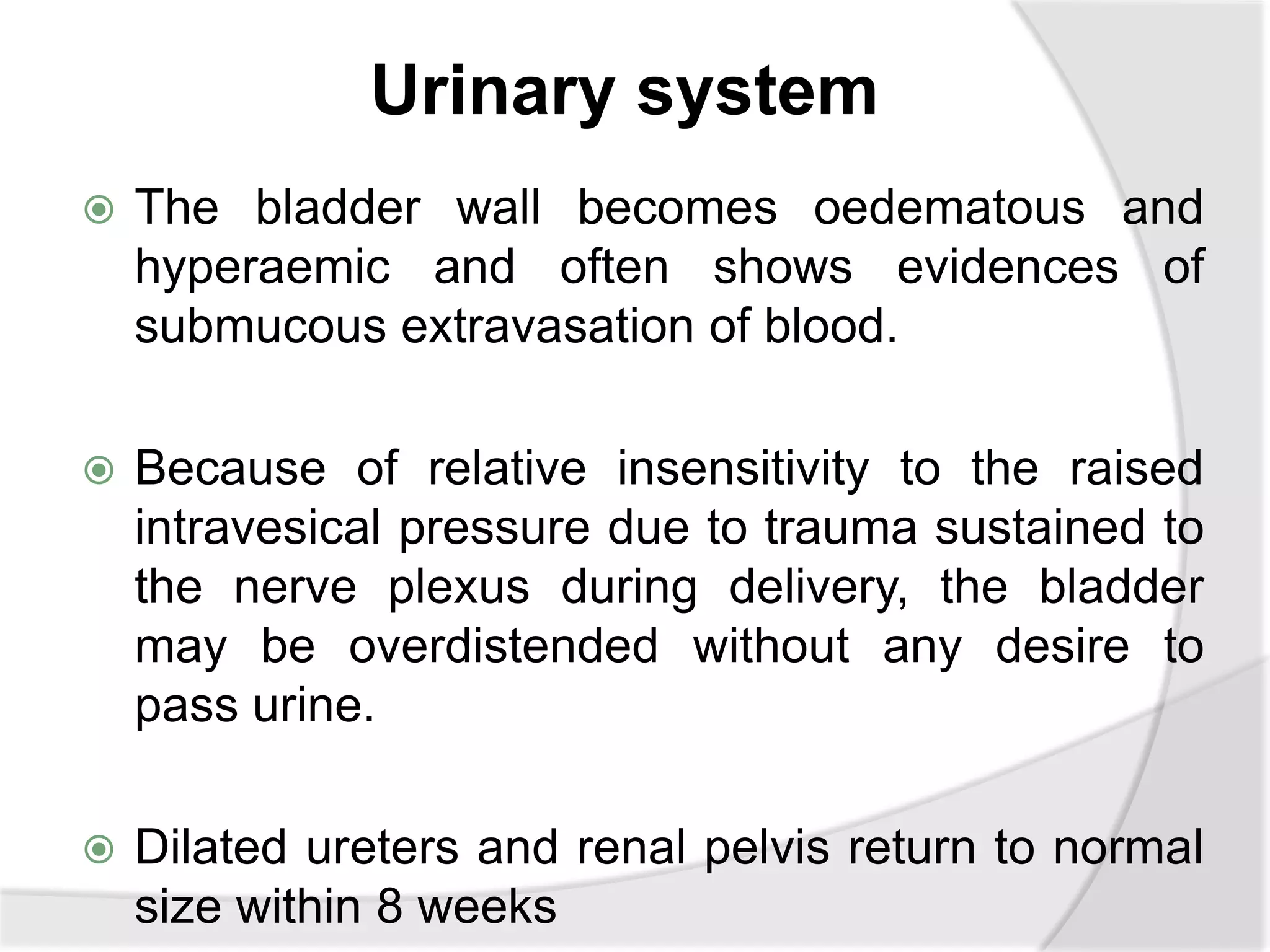Urinary system
 The bladder wall becomes oedematous and
hyperaemic and often shows evidences of
submucous extravasation of blood.
 Because of relative insensitivity to the raised
intravesical pressure due to trauma sustained to
the nerve plexus during delivery, the bladder
may be overdistended without any desire to
pass urine.
 Dilated ureters and renal pelvis return to normal
size within 8 weeks
 