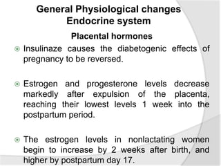 General Physiological changes
Endocrine system
Placental hormones
 Insulinaze causes the diabetogenic effects of
pregnancy to be reversed.
 Estrogen and progesterone levels decrease
markedly after expulsion of the placenta,
reaching their lowest levels 1 week into the
postpartum period.
 The estrogen levels in nonlactating women
begin to increase by 2 weeks after birth, and
higher by postpartum day 17.
 