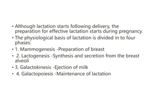 • Although lactation starts following delivery, the
preparation for effective lactation starts during pregnancy.
• The physiological basis of lactation is divided in to four
phases:
• 1. Mammogenesis -Preparation of breast
• 2. Lactogenesis -Synthesis and secretion from the breast
alveoli
• 3. Galactokinesis -Ejection of milk
• 4. Galactopoiesis -Maintenance of lactation
 