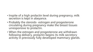 • Inspite of a high prolactin level during pregnancy, milk
secretion is kept in abeyance.
• Probably the steroids- estrogen and progesterone
circulating during pregnancy make the breast tissues
unresponsive to prolactin.
• When the estrogen and progesterone are withdrawn
following delivery, prolactin begins its milk secretory
activity in previously fully developed mammary glands.
 