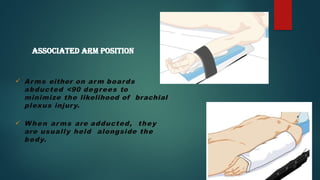  Arms either on arm boards
abducted <90 degrees to
minimize the likelihood of brachial
plexus injury.
 When arms are adducted, they
are usually held alongside the
body.
Associated arm position
 