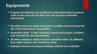 Equipments
 Properly functioning and positioned automated blood pressure
cuffs on the arms do not affect the risk of upper extremity
neuropathy
 Shoulder braces in steep head down position may increase the
risk of brachial plexus neuropathy.
 Operation table is also required in good and proper condition
and it should be running properly.
 All other periphery object around operation table its deffered
from table surface and should be clean.
 Adequte amount of proper padding material are available.
 
