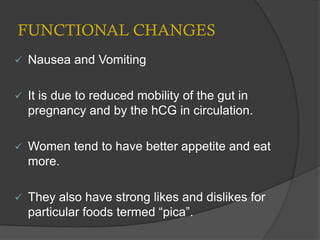 FUNCTIONAL CHANGES
 Nausea and Vomiting
 It is due to reduced mobility of the gut in
pregnancy and by the hCG in circulation.
 Women tend to have better appetite and eat
more.
 They also have strong likes and dislikes for
particular foods termed “pica”.
 
