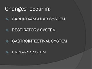 Changes occur in:
 CARDIO VASCULAR SYSTEM
 RESPIRATORY SYSTEM
 GASTROINTESTINAL SYSTEM
 URINARY SYSTEM
 