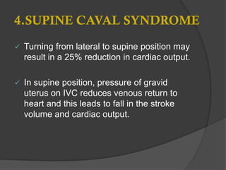 4.SUPINE CAVAL SYNDROME
 Turning from lateral to supine position may
result in a 25% reduction in cardiac output.
 In supine position, pressure of gravid
uterus on IVC reduces venous return to
heart and this leads to fall in the stroke
volume and cardiac output.
 