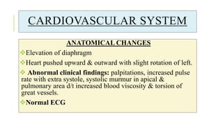 CARDIOVASCULAR SYSTEM
ANATOMICAL CHANGES
Elevation of diaphragm
Heart pushed upward & outward with slight rotation of left.
 Abnormal clinical findings: palpitations, increased pulse
rate with extra systole, systolic murmur in apical &
pulmonary area d/t increased blood viscosity & torsion of
great vessels.
Normal ECG
 