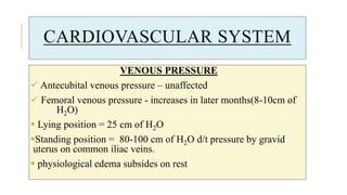 CARDIOVASCULAR SYSTEM
VENOUS PRESSURE
 Antecubital venous pressure – unaffected
 Femoral venous pressure - increases in later months(8-10cm of
H2O)
 Lying position = 25 cm of H2O
Standing position = 80-100 cm of H2O d/t pressure by gravid
uterus on common iliac veins.
 physiological edema subsides on rest
 