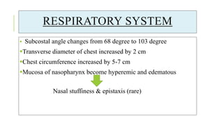 RESPIRATORY SYSTEM
 Subcostal angle changes from 68 degree to 103 degree
Transverse diameter of chest increased by 2 cm
Chest circumference increased by 5-7 cm
Mucosa of nasopharynx become hyperemic and edematous
Nasal stuffiness & epistaxis (rare)
 