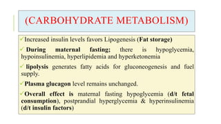 (CARBOHYDRATE METABOLISM)
Increased insulin levels favors Lipogenesis (Fat storage)
 During maternal fasting; there is hypoglycemia,
hypoinsulinemia, hyperlipidemia and hyperketonemia
 lipolysis generates fatty acids for gluconeogenesis and fuel
supply.
Plasma glucagon level remains unchanged.
Overall effect is maternal fasting hypoglycemia (d/t fetal
consumption), postprandial hyperglycemia & hyperinsulinemia
(d/t insulin factors)
 