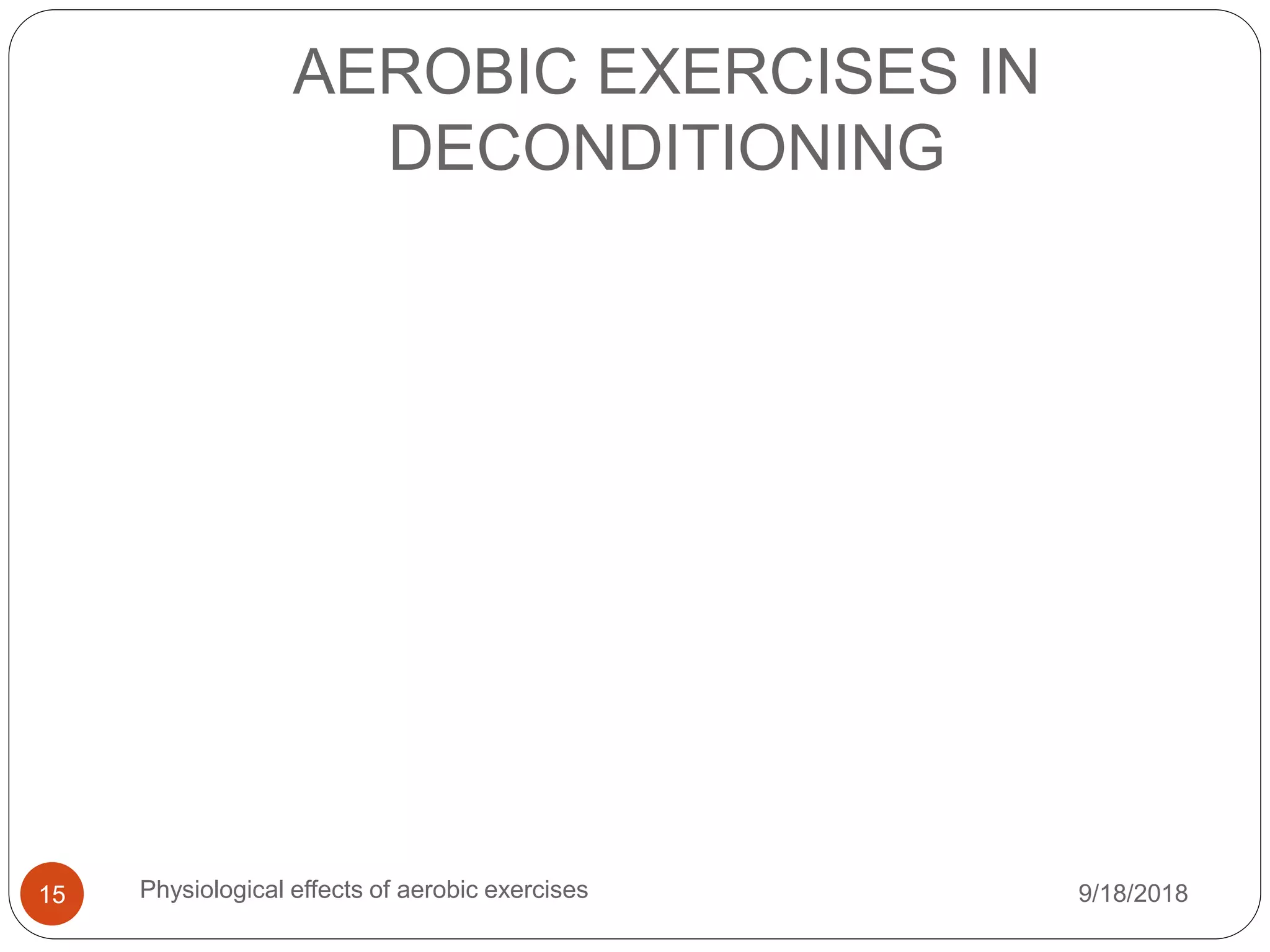 AEROBIC EXERCISES IN
DECONDITIONING
9/18/2018Physiological effects of aerobic exercises15
 