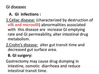 GI diseases
A. GI infections :
1.Celiac disease: (characterized by destruction of
villi and microvilli) abnormalities associated
with this disease are increase GI emptying
rate and GI permeability, alter intestinal drug
metabolism.
2.Crohn’s disease: alter gut transit time and
decreased gut surface area.
B. GI surgery:
Gastrectomy may cause drug dumping in
intestine, osmotic diarrhoea and reduce
intestinal transit time.
 