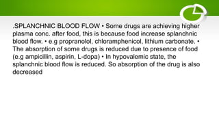 .SPLANCHNIC BLOOD FLOW • Some drugs are achieving higher
plasma conc. after food, this is because food increase splanchnic
blood flow. • e.g propranolol, chloramphenicol, lithium carbonate. •
The absorption of some drugs is reduced due to presence of food
(e.g ampicillin, aspirin, L-dopa) • In hypovalemic state, the
splanchnic blood flow is reduced. So absorption of the drug is also
decreased
 