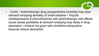 • Contd. • Anticholinergic drug (propantheline bromide) may slow
stomach emptying &motility of small intestine • Tricyclic
antidepressants & phenothiazines with anticholinergic side effects
cause slower peristalsis & stomach emptying may delay in drug
absorption • Antacid not given with cimetidine,tetracycline
because reduce absorption
 