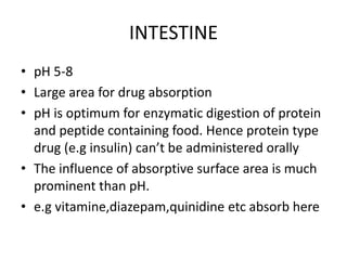 INTESTINE
• pH 5-8
• Large area for drug absorption
• pH is optimum for enzymatic digestion of protein
and peptide containing food. Hence protein type
drug (e.g insulin) can’t be administered orally
• The influence of absorptive surface area is much
prominent than pH.
• e.g vitamine,diazepam,quinidine etc absorb here
 