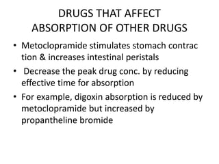 DRUGS THAT AFFECT
ABSORPTION OF OTHER DRUGS
• Metoclopramide stimulates stomach contrac
tion & increases intestinal peristals
• Decrease the peak drug conc. by reducing
effective time for absorption
• For example, digoxin absorption is reduced by
metoclopramide but increased by
propantheline bromide
 
