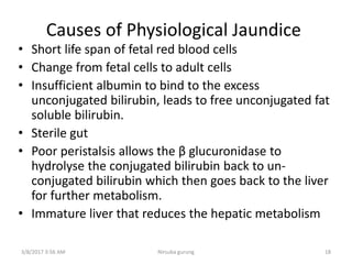 Causes of Physiological Jaundice
• Short life span of fetal red blood cells
• Change from fetal cells to adult cells
• Insufficient albumin to bind to the excess
unconjugated bilirubin, leads to free unconjugated fat
soluble bilirubin.
• Sterile gut
• Poor peristalsis allows the β glucuronidase to
hydrolyse the conjugated bilirubin back to un-
conjugated bilirubin which then goes back to the liver
for further metabolism.
• Immature liver that reduces the hepatic metabolism
3/8/2017 3:56 AM 18Nirsuba gurung
 