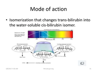 Mode of action
• Isomerization that changes trans-bilirubin into
the water-soluble cis-bilirubin isomer.
3/8/2017 3:56 AM Nirsuba gurung 31
 