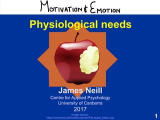 1
Motivation & Emotion
James Neill
Centre for Applied Psychology
University of Canberra
2017
Physiological needs
Image source:
https://commons.wikimedia.org/wiki/File:Apple_bitten.svg
 