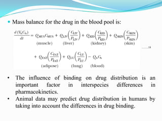  Mass balance for the drug in the blood pool is:
……..18
• The influence of binding on drug distribution is an
important factor in interspecies differences in
pharmacokinetics.
• Animal data may predict drug distribution in humans by
taking into account the differences in drug binding.
 