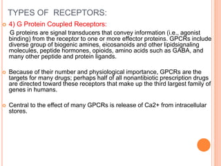 TYPES OF RECEPTORS:
 4) G Protein Coupled Receptors:
G proteins are signal transducers that convey information (i.e., agonist
binding) from the receptor to one or more effector proteins. GPCRs include
diverse group of biogenic amines, eicosanoids and other lipidsignaling
molecules, peptide hormones, opioids, amino acids such as GABA, and
many other peptide and protein ligands.
 Because of their number and physiological importance, GPCRs are the
targets for many drugs; perhaps half of all nonantibiotic prescription drugs
are directed toward these receptors that make up the third largest family of
genes in humans.
 Central to the effect of many GPCRs is release of Ca2+ from intracellular
stores.
 